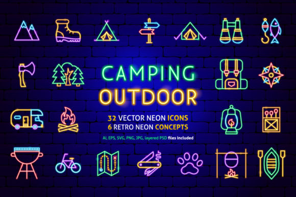Camping Outdoor Neon Graphics & Icons