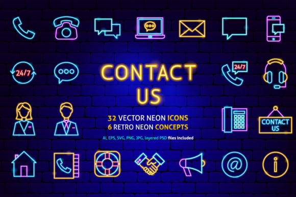 Contact Us Neon: Retro Icons & Graphics Bundle
