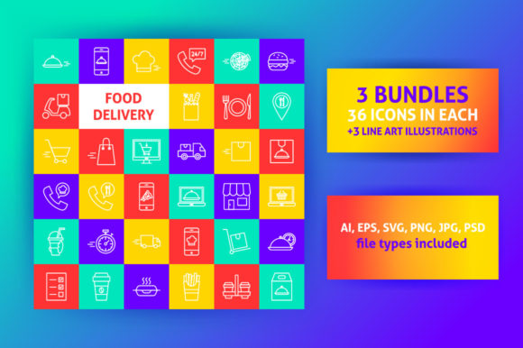 Food Delivery Line Art Icons: Clean Graphics & Versatile Icons