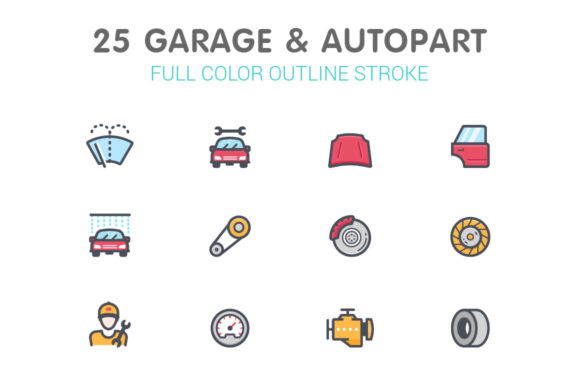 Garage and Autopart Line with Color Icon Graphics