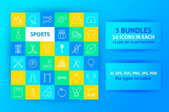 Sport Items Line Art Icons: Clean Graphics & Versatile Icons